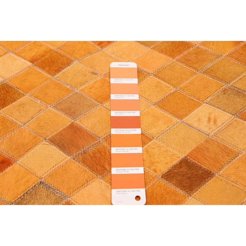 ECARPETGALLERY Handmade Cowhide Patchwork Orange Leather Rug - 6'0 x 6'0