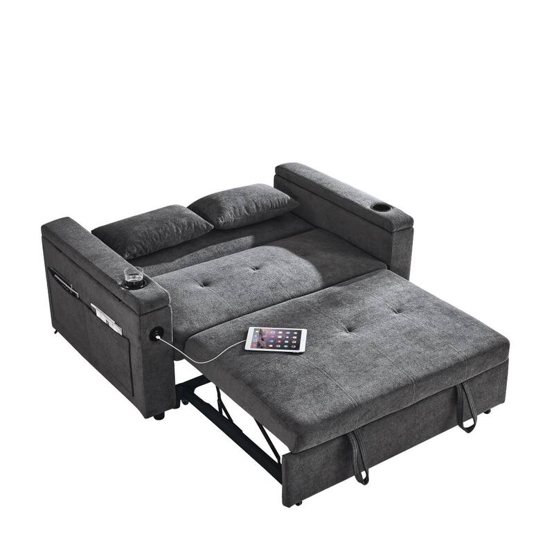 Sleeper Sofa Couch Bed, Pull Out Loveseat with Storage, Convertible Sleeper Sofa w/ Side Pockets, Adjustable Backrest & USB Port