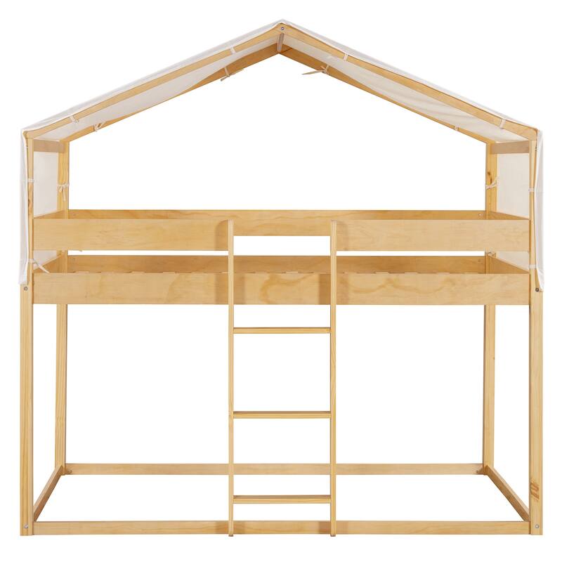Twin Over Twin Wood Bunk Bed with Play Tent and Espresso Solid Wood, 250lb Capacity, Fun House Design for Kids