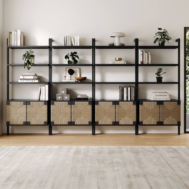 Nathan James Theo Open Shelf Industrial Bookcase with Drawers or Cabinets - Set of 4 - Seagrass/Black