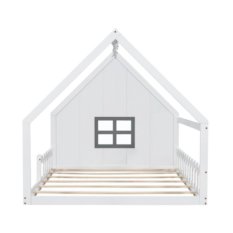 Full Size Wood House Bed with Window and Fence, White
