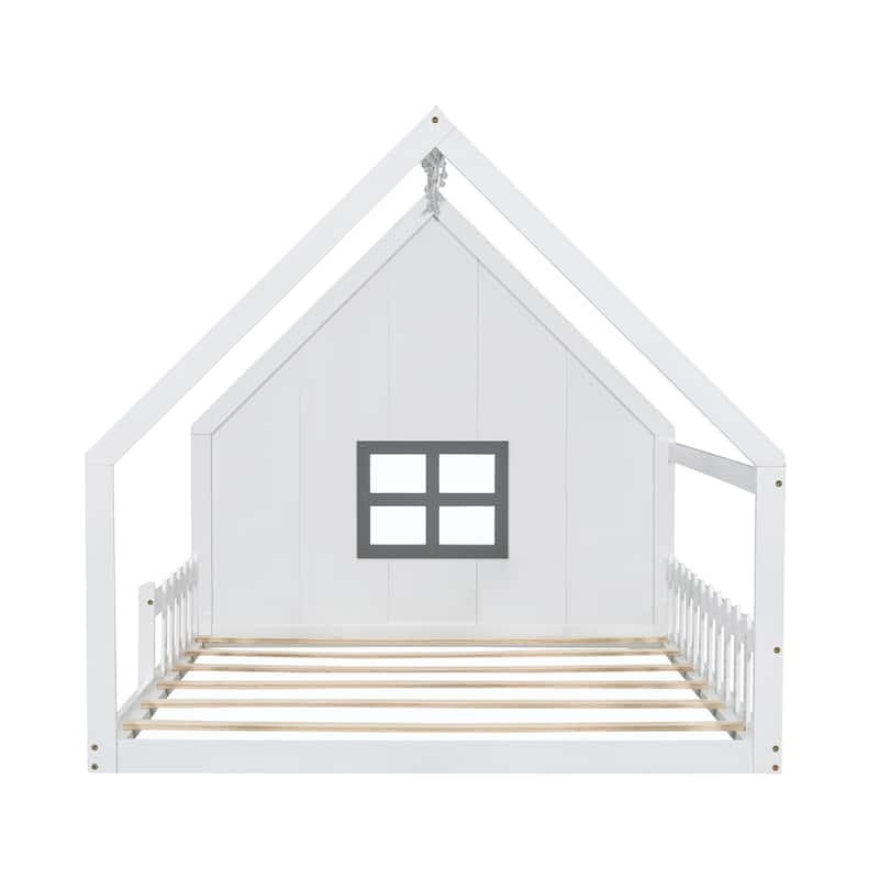 Roomfitters Full Size Wood House Bed with Window and Fence Design