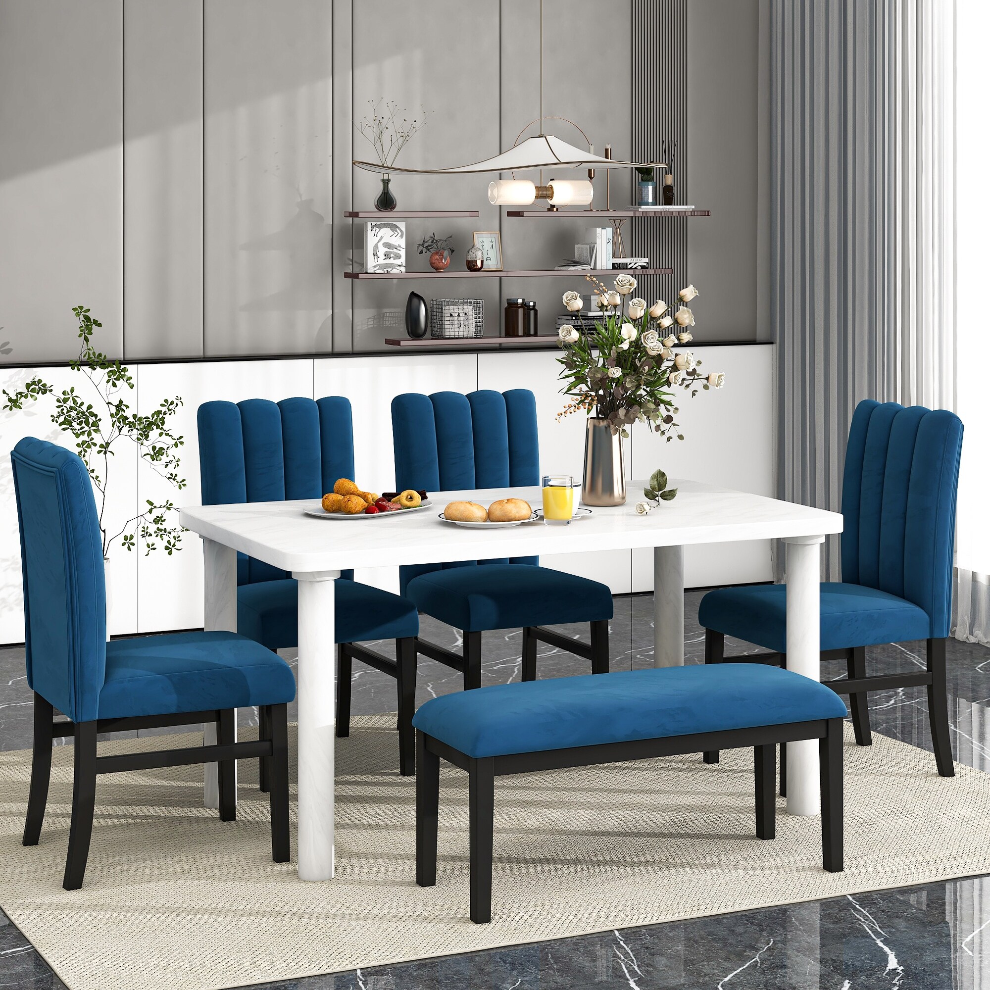 Elegant 6 Piece Dining Table Set with Marble Veneer Table