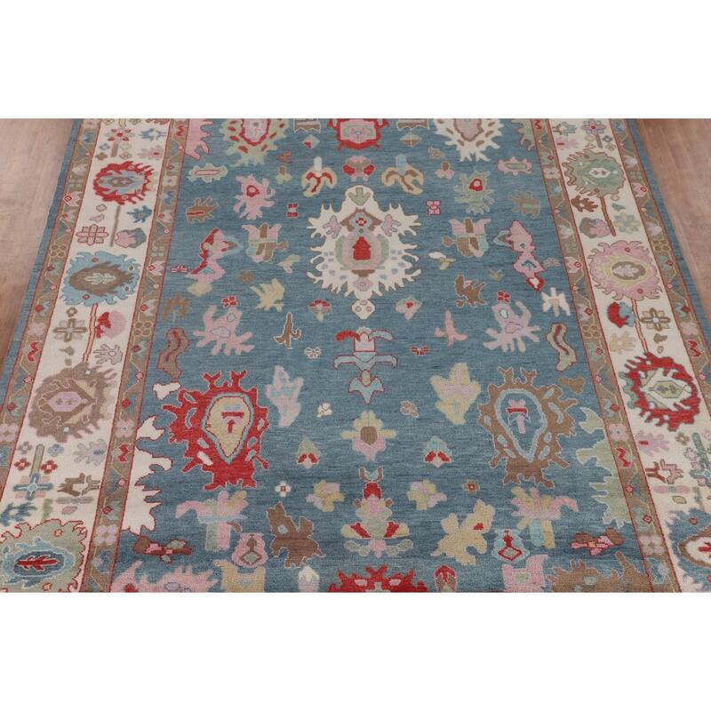 Light Blue Floral Oushak Large Area Rug Handmade Wool Carpet - 9'11" x 13'8"