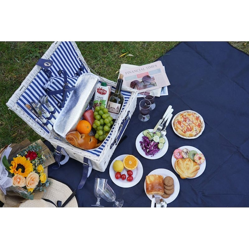 Picnic Basket Willow for 4 Persons, Large Wicker Hamper Set with Big Insulated Cooler Compartment with Waterproof Backing