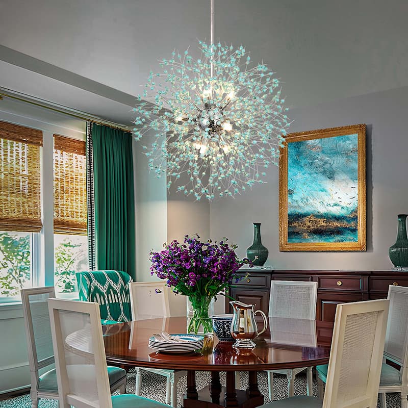 9-Light Modern Linear Starburst Firework Chandelier Green Dandelion Sputnik Island Pendant