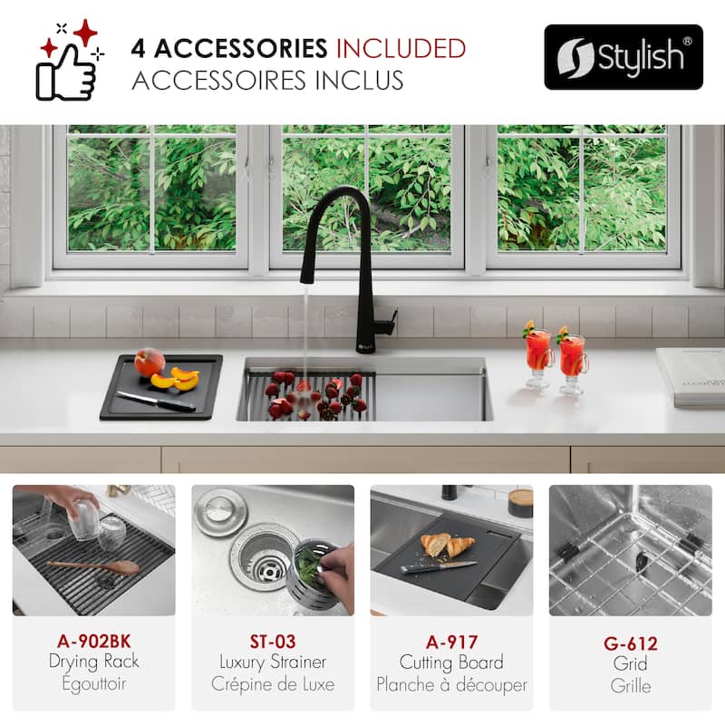 Undermount 25 inch Stainless Steel Single Bowl Workstation Kitchen Sink with Black Accessories Handmade