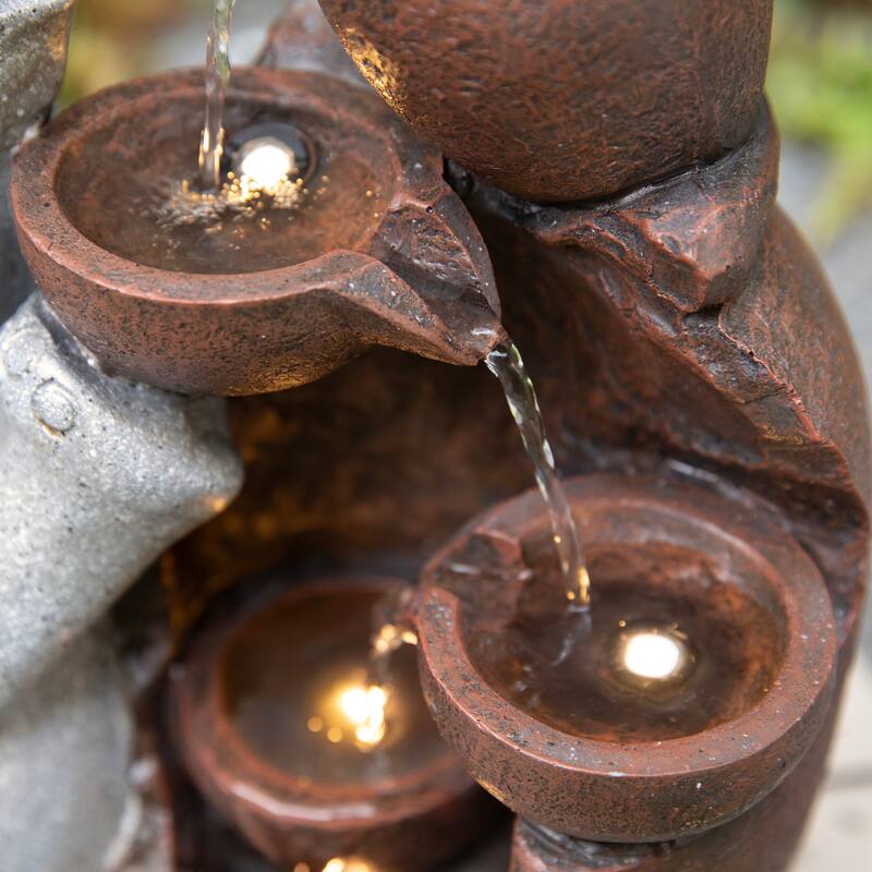 Glitzhome 4-Tiered Dogs or Elephant and Pot Polyresin Outdoor Fountain with Pump and LED Light