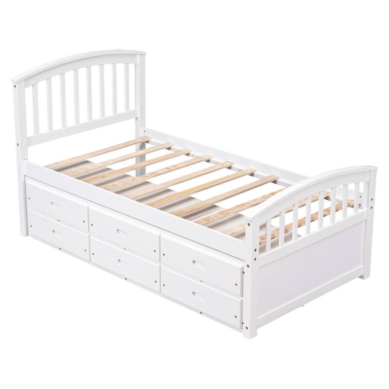 Solid Wood Platform Bed Daybed Frame with 6 Storage Drawers and Slats Support, Twin Size Storage Bed Frame for Bedroom
