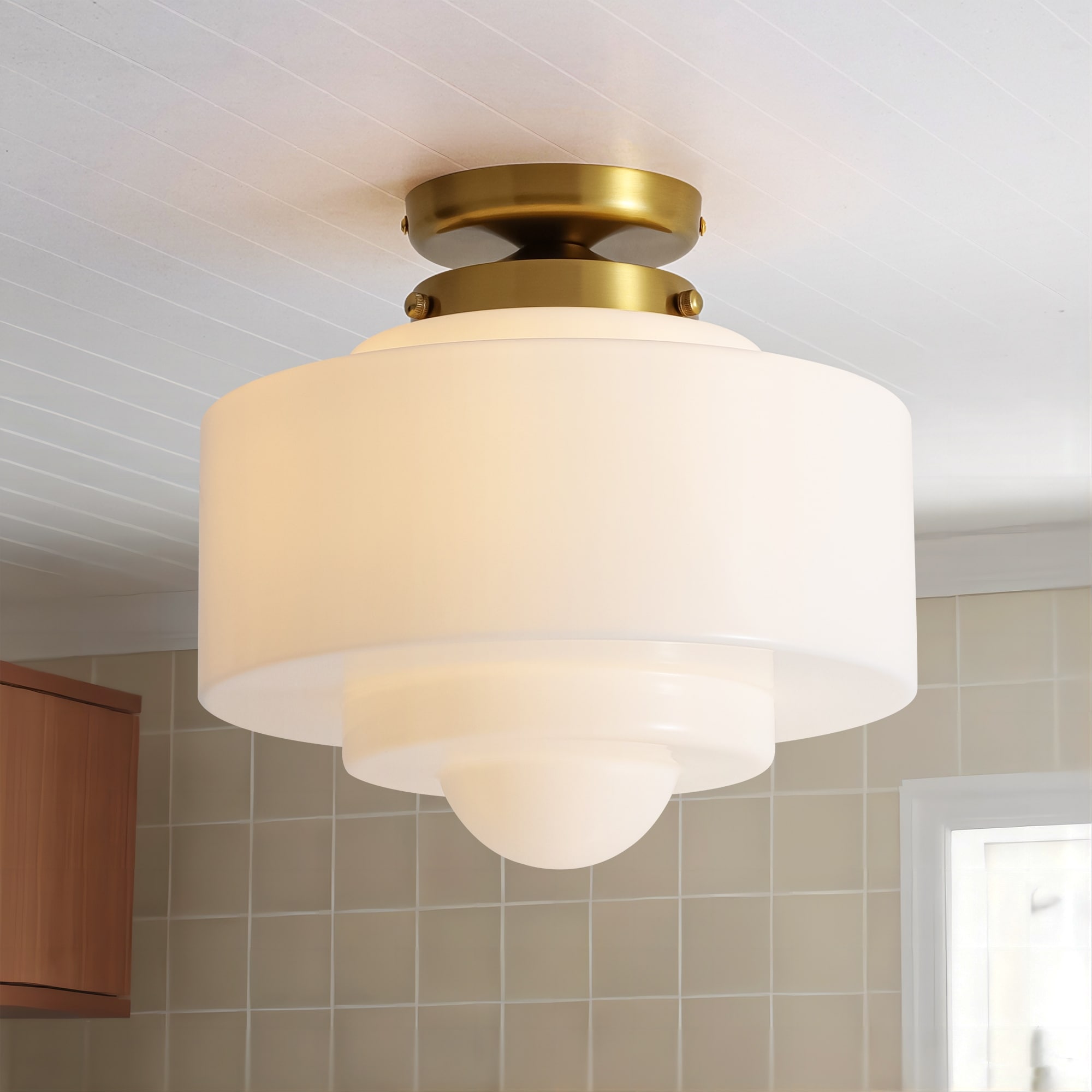 1-Light Mid-Century Modern Gold Cake-Shaped Semi-Flush Mount Ceiling Light with Opal Glass Shade for Bedroom, Kitchen