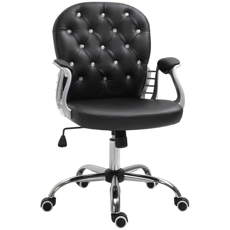 PU Leather Home Office Chair, Tufted Desk Chair with Padded Armrests, Swivel Vanity Chair with Adjustable Height - Black