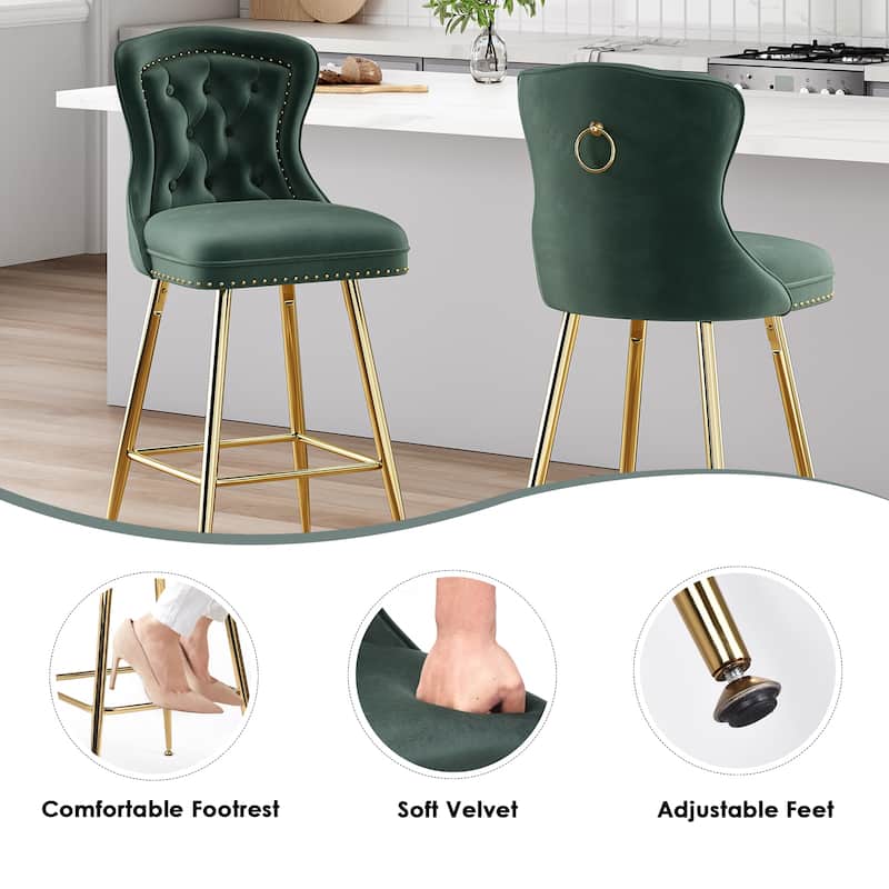 Set of 2 Emerald Green Velvet Wingback Bar Stools, Button Tufted with Nailhead Trim & Metal Legs