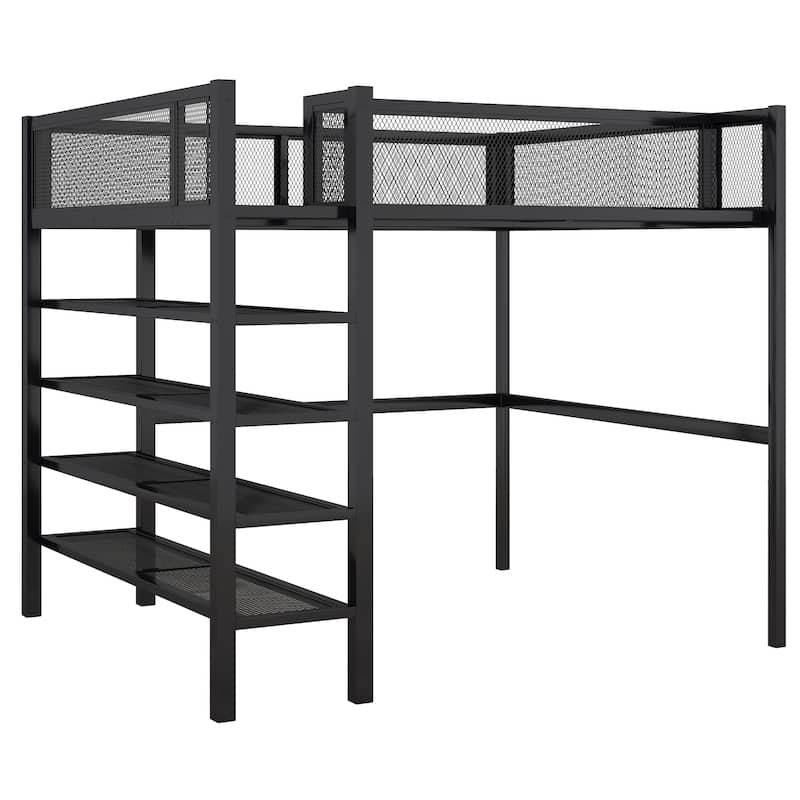 Metal Loft Bed with Shelves, Workstation, Guardrail