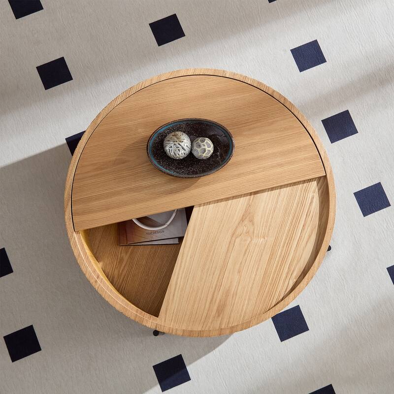 Modern Round Coffee Table with Storage - Natural