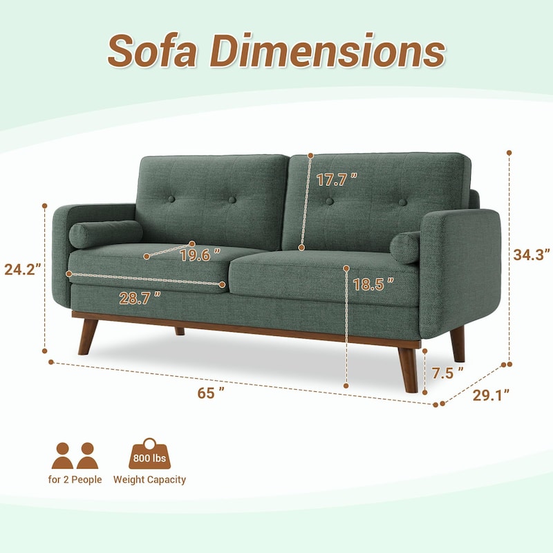65" Loveseat Sofa, Mid Century Modern Couch Comfy Love Seat Couches for Living Room