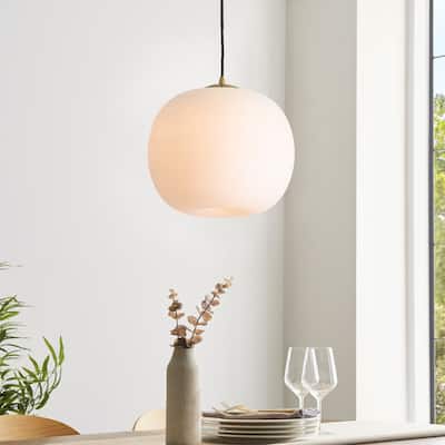 1-Light Modern Gold Hanging Pendant Light with Opal Glass Globe Lamp Shade for Kitchen Island, Bedroom