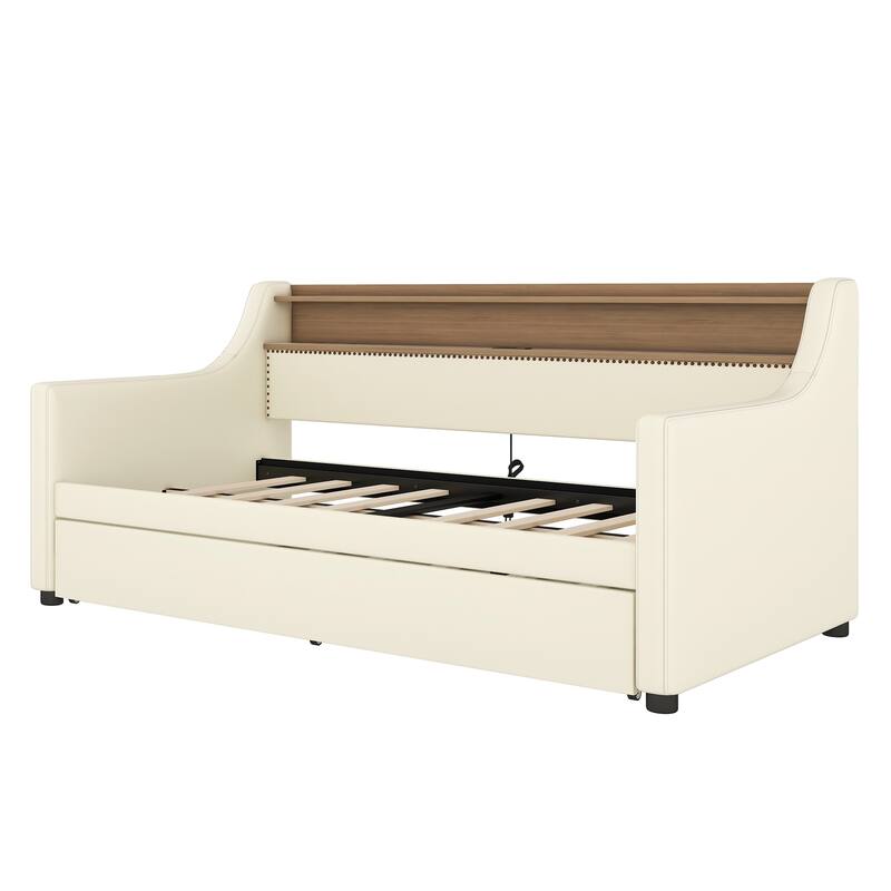 Twin Size Upholstered Daybed with Trundle, Charging Station, and LED Lights