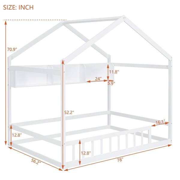 Kids and Baby Full Size House Bed with Fence and Roof with Storage Shelf