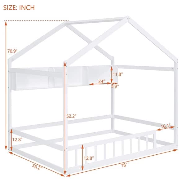 dimension image slide 1 of 2, White Pine Wood Playhouse Bed with Roof, Fence & Storage Shelf