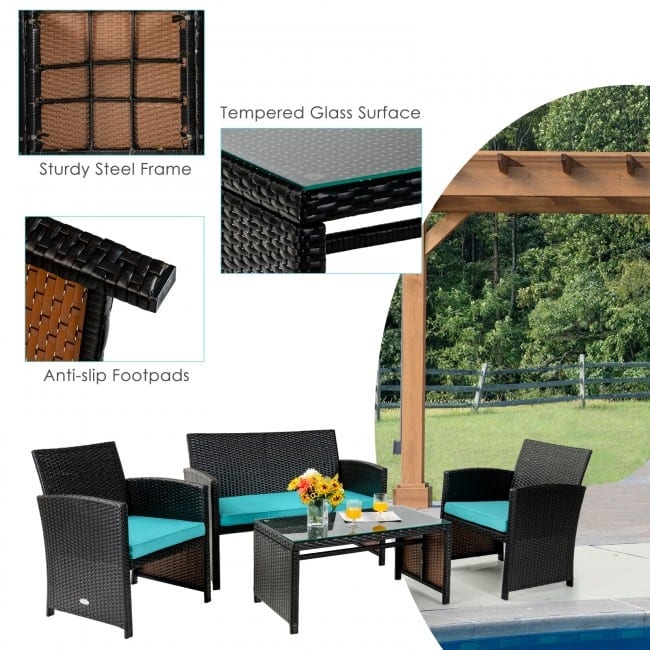 4Pcs Patio Rattan Cushioned Furniture Set - 43.5" x 25" x 31" (L x W x H)