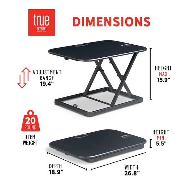 dimension image slide 0 of 2, True Seating Ergo 26.75 Inch Standing Desk Converter, Laptop Monitor Riser Height Adjustable Tabletop Workstation