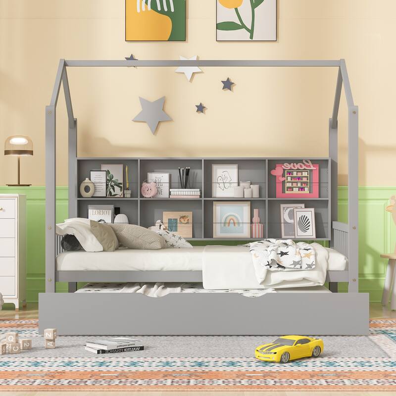 Wooden House Bed with Trundle and Shelf - Grey - Twin