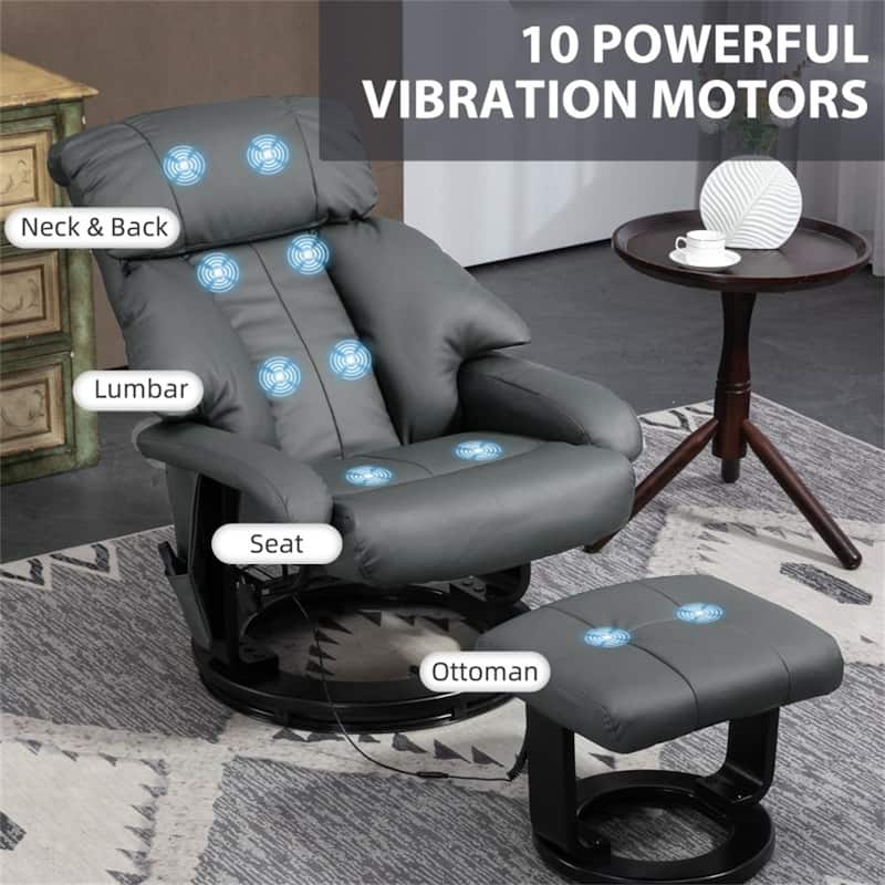 PU Leather Remote-Controlled Massage Recliner Chair with Ottoman and 10-Point Vibration - 30" W x 31.5" D x 40.25" H