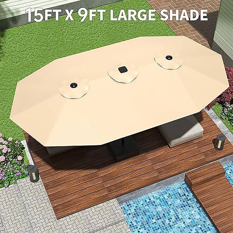 15ft Large Patio Umbrellas with Base, Outdoor Double-Sided Rectangle Market Umbrella