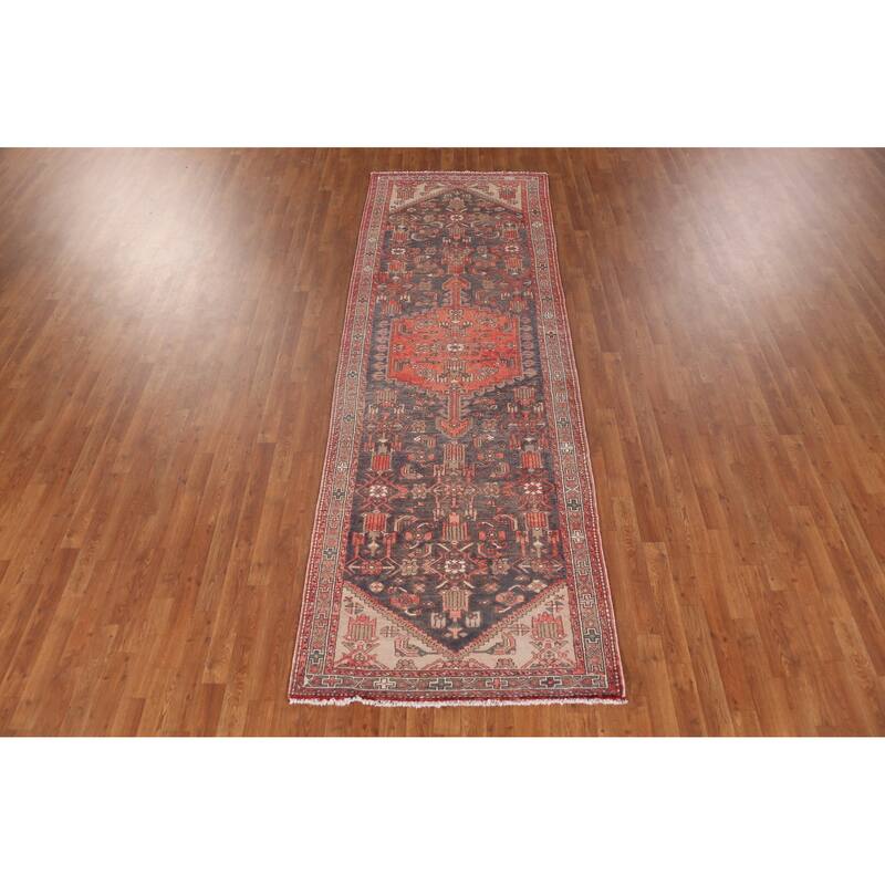 Hand Knotted Oriental 100% Wool Carpet Traditional Geometric Navy Blue & Blues Hamedan Runner Rug - 10' 7'' X 3' 6''