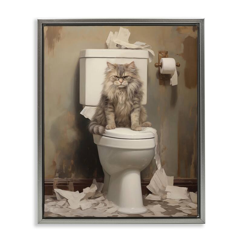 Stupell Cat & Torn Toilet Paper Framed Floater Canvas Wall Art Design By Arlington Prints - 17 x 21 - Grey