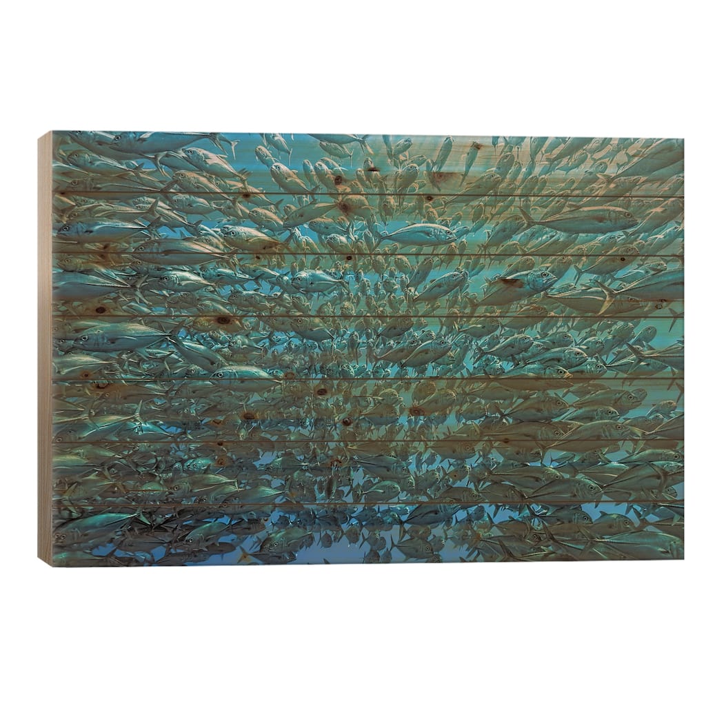 Splitted School Of Jackfish Print On Wood by Henry Jager - Multi-Color