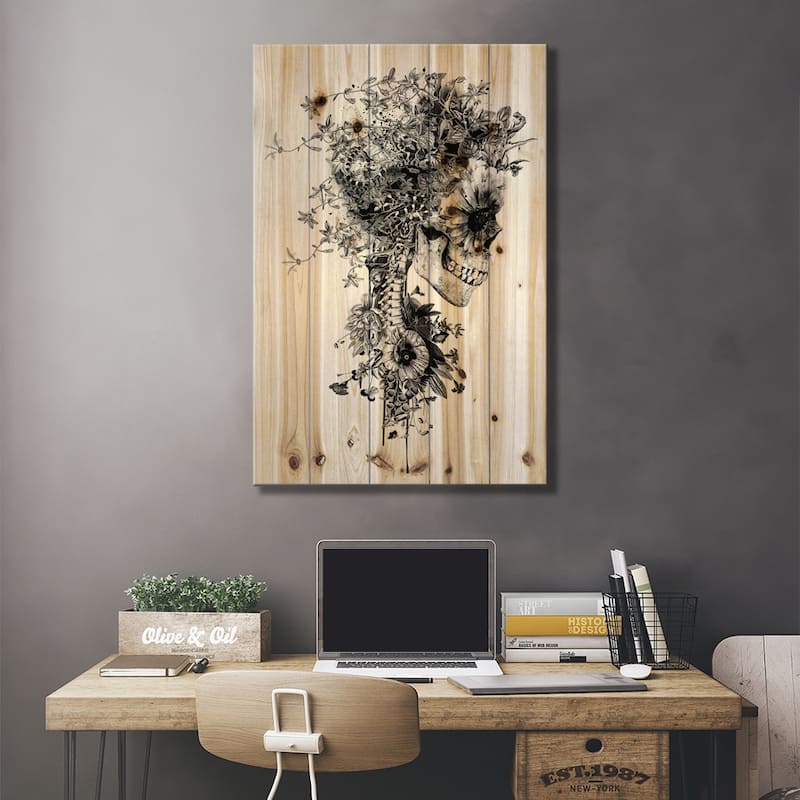 Skull B&W Print On Wood by Riza Peker - Multi-Color