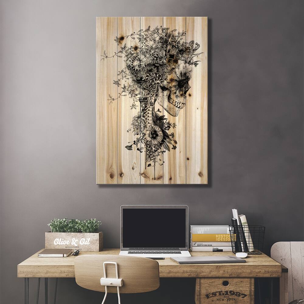 Skull B&W Print On Wood by Riza Peker MultiColor On Sale Bed