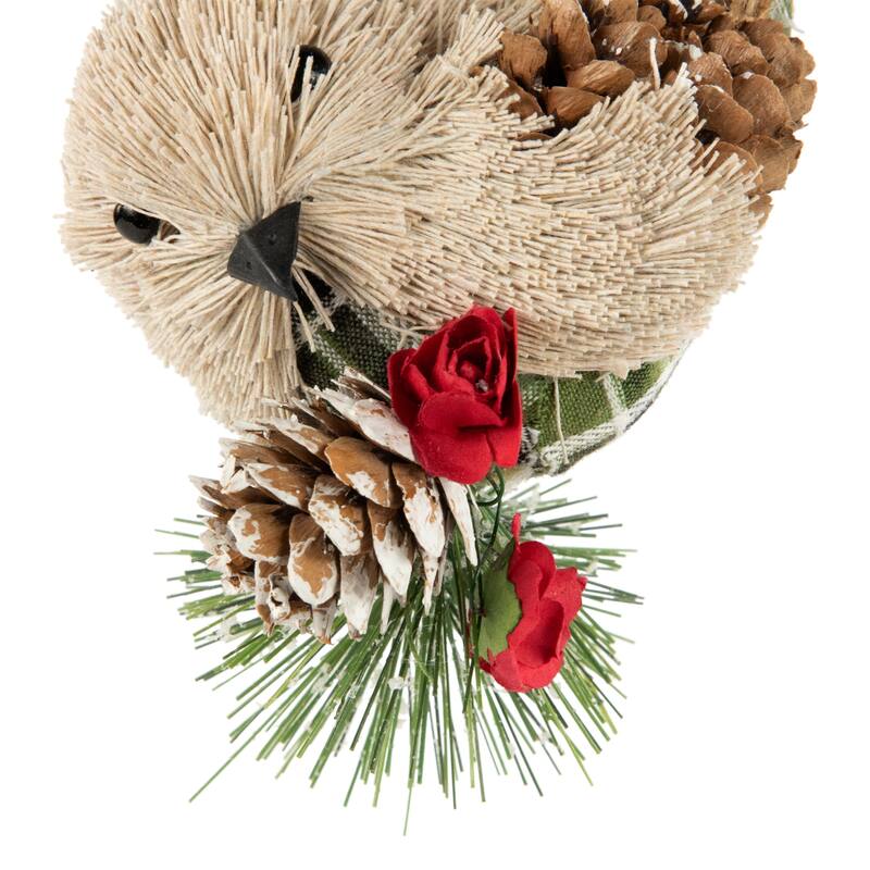 6.75" Left Facing Plaid Bird and Frosted Pine Needle Hanging Christmas Ornament
