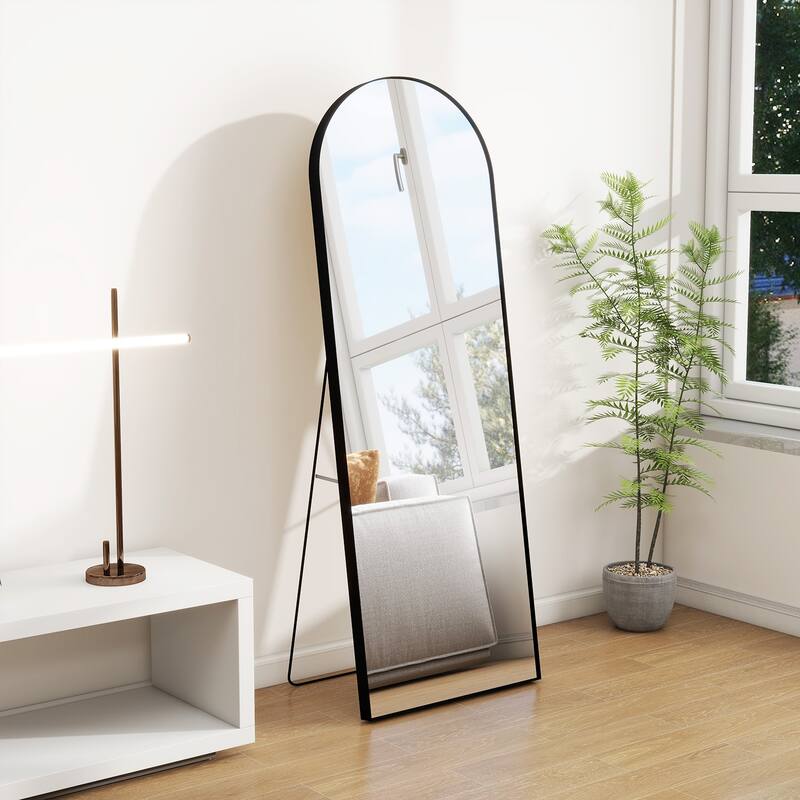 Full Length Arched Mirror with Shatter-Proof Glass & with Stand Aluminum Alloy Frame for Bedroom Cloakroom, Floor Standing - 64"L x 21"W - Black