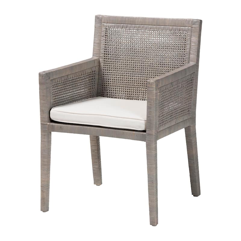 Karis Rattan Dining Chair - Handwoven Wicker Armchair with Mahogany Wood, Coastal Boho Style Indoor Seating