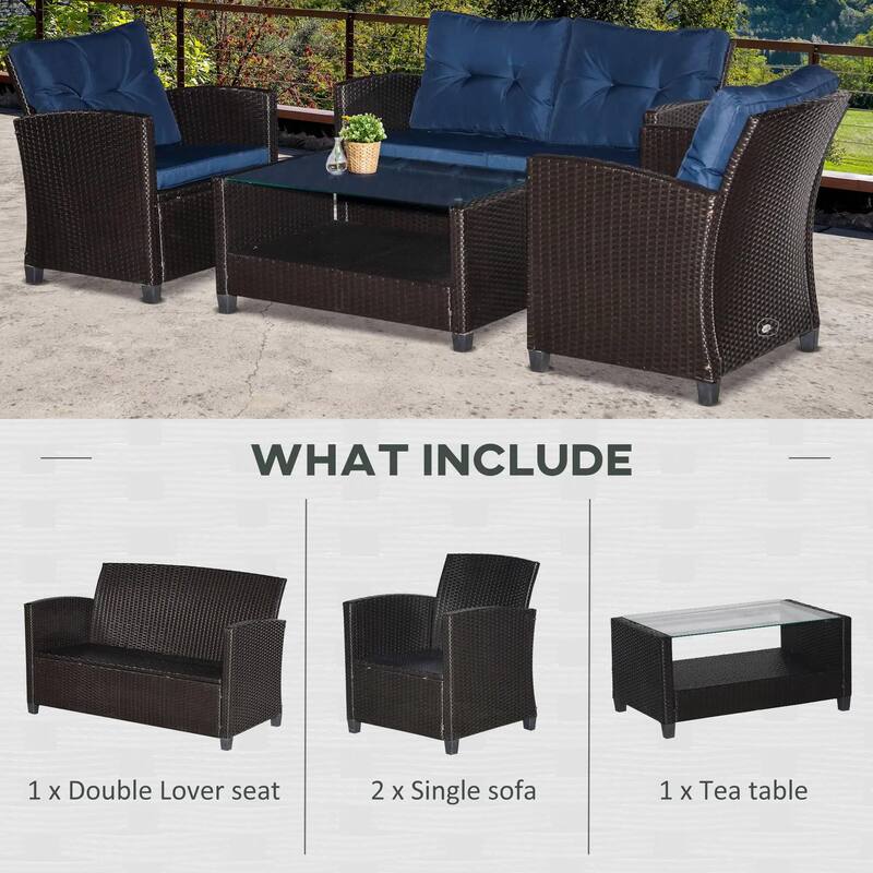 4PCS PE Rattan Patio Furniture Set with Two-tier Coffee Table,Cushion
