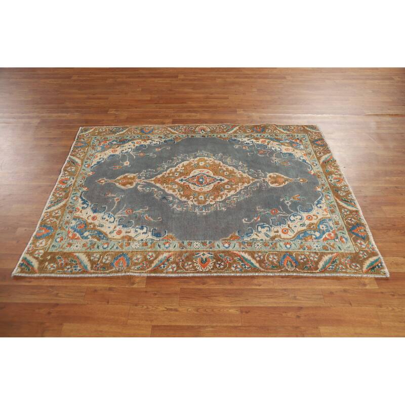 Hand Knotted Oriental 100% Wool Carpet Traditional Medallion Navy Blue & Blues Tabriz Area Rug - 5' 7'' X 4' 3''