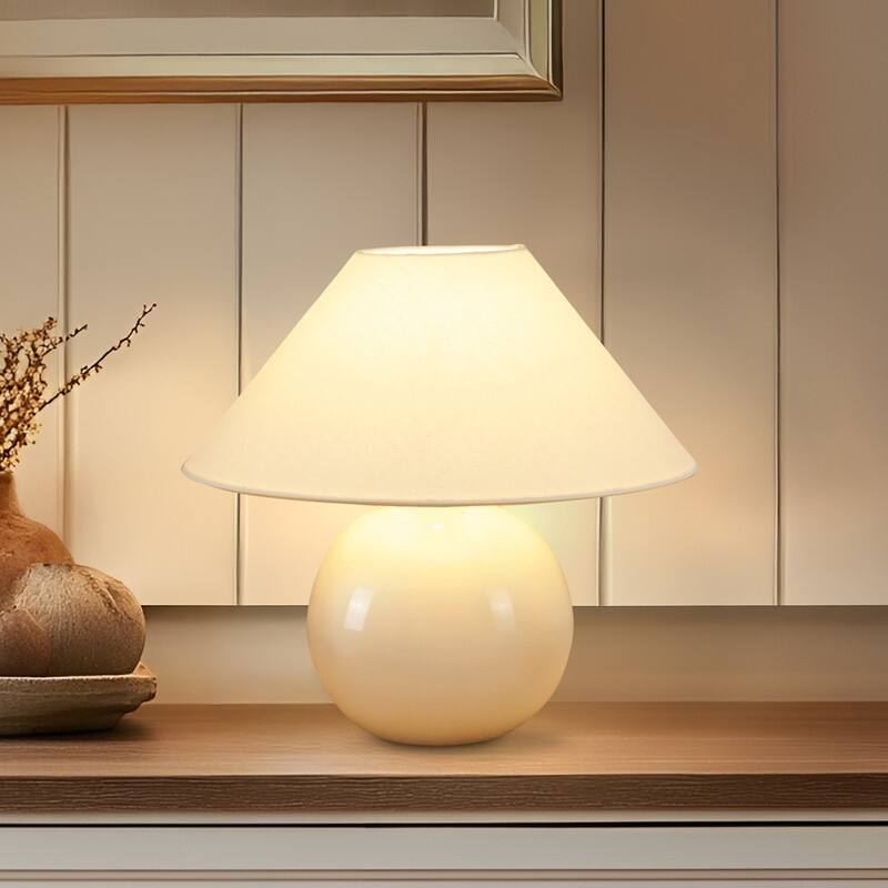 Brightech Fiona LED Off-White Cream Ceramic Midcentury Round Globe Bedside Nightstand Desk Lamp with Cream Cotton Empire Shade