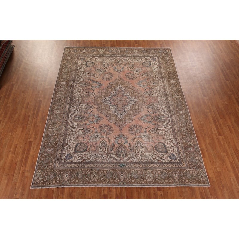 Distressed Tabriz Persian Vintage Rug Hand-Knotted Wool Carpet - 9'5" x 12'3"
