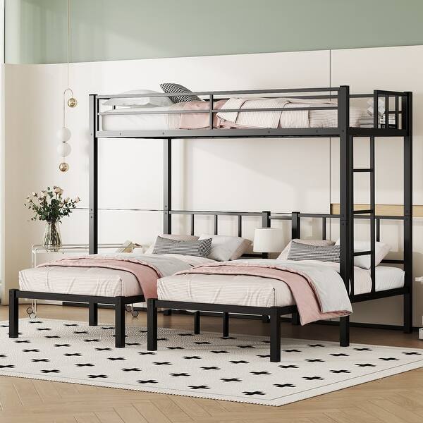slide 2 of 13, Black Twin XL over Twin Metal Triple Bunk Bed with Fence and Ladder Black