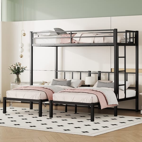 slide 2 of 13, Twin XL over Twin Metal Triple Bunk Beds with Fence and Ladder Black