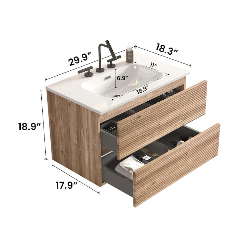 30" Wall-Mounted Bathroom Vanity with Integrated Ceramic Sink & Overflow, Large Storage Floating Cabinet
