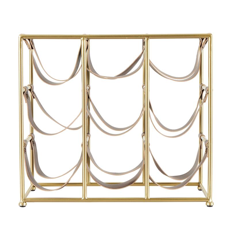 Gold Metal Wine Rack with Faux Leather Holding Straps