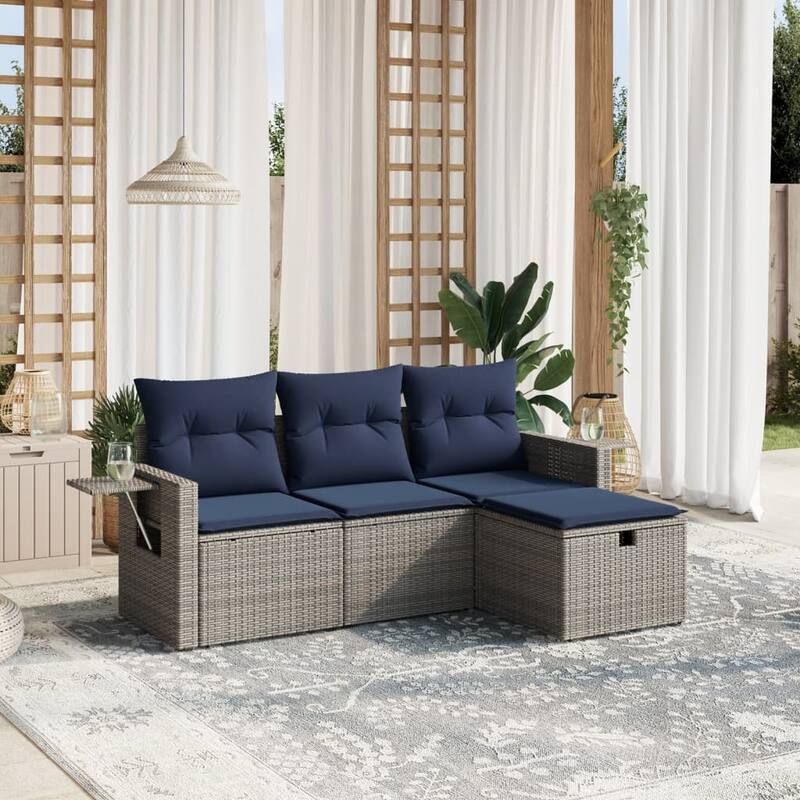 vidaXL 4 Piece Patio Sofa Set with Cushions Gray Poly Rattan - 21.7" x 24.4" x 27.2"