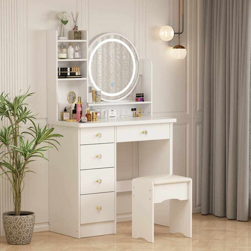 31.5'' W Makeup Vanity Set with Stool and Mirror LED Light Dressr