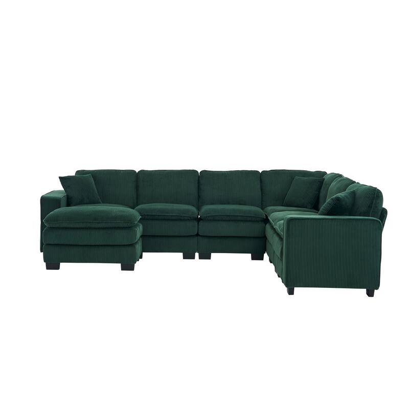 Corduroy Upholstered U-shaped Chaise Sectional Sofa Modular Sleeper Sofa Bed Deep Seat Couch with Ottoman and Pillows
