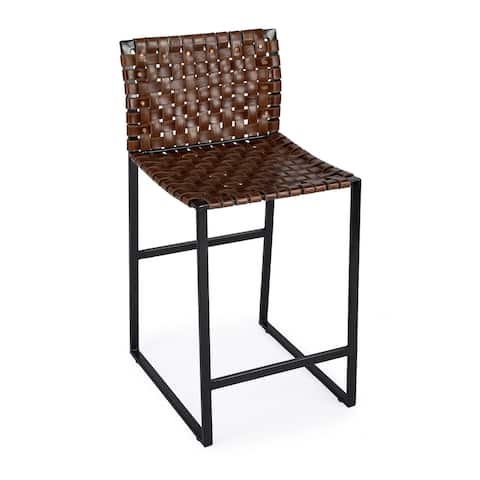 Offex Urban Rectangular Brown Woven Leather Counter Stool w/ Iron Base - 20"L x 17.75"W x 36.25"H