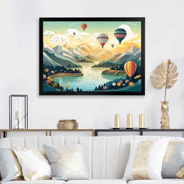 Designart "Hot Air Balloon Off Into The Sky I" Landscape Mountains Framed Canvas Art Print