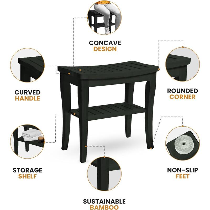 Bamboo Shower Stool Bench with Storage Shelf (Black) - BLACK